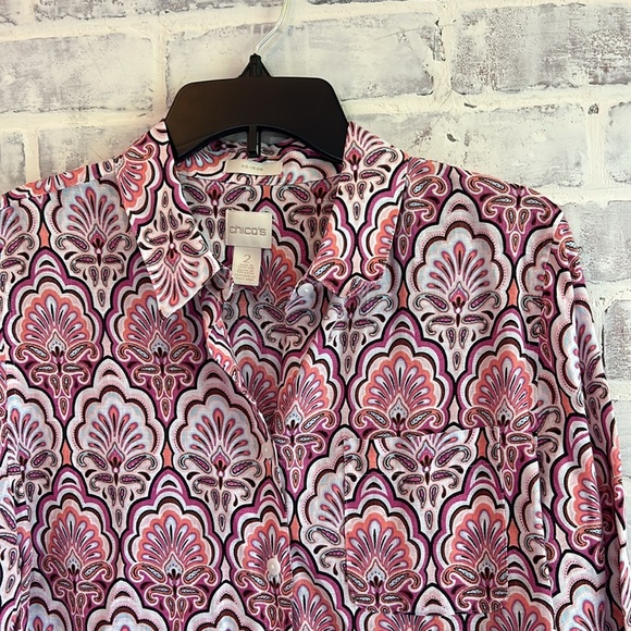 Chicos Sz 2 Women’s US 12 L 100% Linen Pink Paisley Button Up Blouse 3/4 Sleeve - Picture 3 of 8